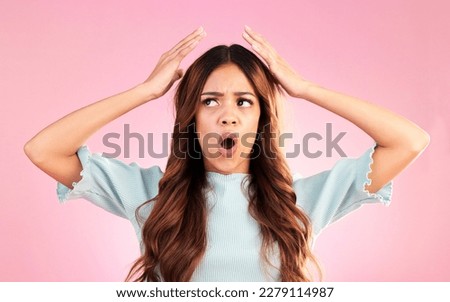 Wow, confused and woman in studio surprised, omg and mind blown gesture on pink background. Wtf, shocked and open mouth by girl shocked, puzzled or with doubt emoji, decision or choice while isolated
