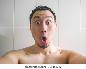 Wow Face Of Asian Man Take A Selfie Shot In The Bathroom While Having Bath