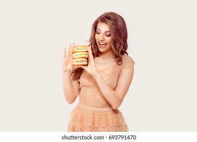 Wow, Hamburgers. Woman Excited Holds Craving For Fast Food, Looks With Lust, Isolated White Background