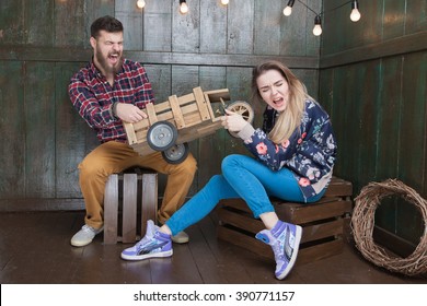 Wow! MAN Picks Up The Toys At WOMEN.  Two Adult Child Car Taken From Each Other, Emotions.   