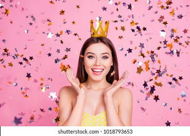 Wow omg! Emotion expressing luxury romantic summer carnival event concept. Close up portrait of adorable lovely tender cute sweet magic pretty charming girl with golden crown holding hands near face