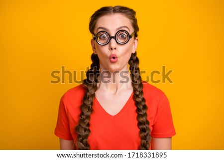 Wow. Photo of funny student lady open mouth clever person diligent pupil listen teacher new theory explanation wear casual red t-shirt isolated vibrant yellow color background