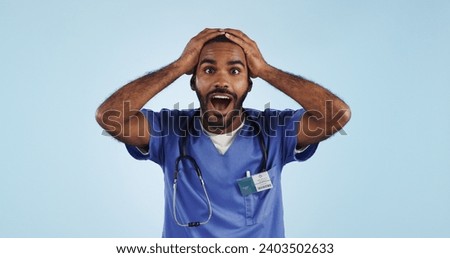 Wow, portrait and man nurse in studio with surprise hospital news, success or solution on blue background. Excited, face and male health expert with mind blown emoji for feedback, results or review