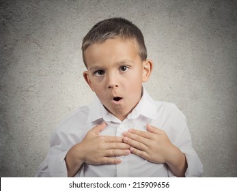 Wow, Surprise. Portrait Surprised Child, Boy With Stunned Face Expression, Disbelief, Blown Away By What He See, Can't Belief It Is For Real, Isolated Grey Wall Background. Human Emotions, Reaction