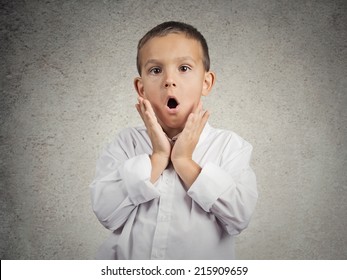 Wow, Surprise. Portrait Surprised Child, Boy With Stunned Face Expression, Disbelief, Blown Away By What He See, Can't Belief It Is For Real, Isolated Grey Wall Background. Human Emotions, Reaction