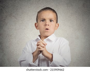 Wow, Surprise. Portrait Surprised Child, Boy With Stunned Face Expression, Disbelief, Blown Away By What He See, Can't Belief It Is For Real, Isolated Grey Wall Background. Human Emotions, Reaction