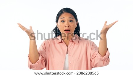 Wow, surprise and portrait of woman with why hands in studio with news, announcement or promo on white background. Omg, shocked and face Japanese model with emoji gesture for wtf, mind blown or info