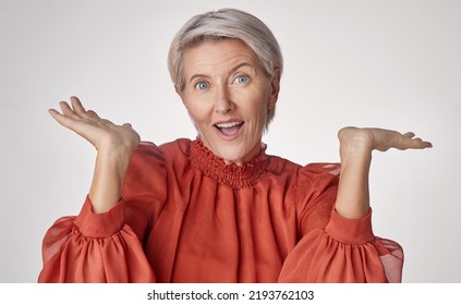 Wow And Surprise Senior Woman With Emoji Hand Gesture Or Expression On Studio Grey Background. Senior Fashion Business Lady With Hands For Shocking Unbelievable Pension Deal, Discount Or Sale