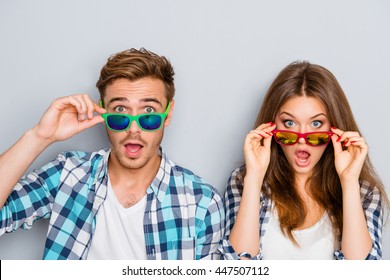 Wow! Surprised man and woman in glasses with open mouth - Shutterstock ID 447507112