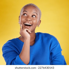 Wow, thinking and aha with a black woman in studio on a yellow background looking thoughtful or surprised. Idea, wonder and eureka with an attractive young female feeling shocked or contemplative - Shutterstock ID 2276430143