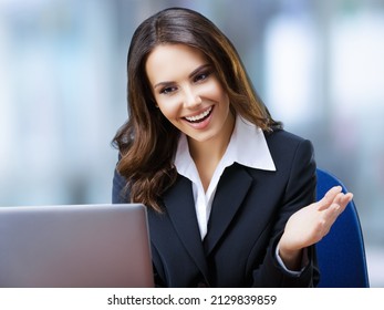 Wow! Very Happy Businesswoman In Black Confident Style Suit With Laptop Computer At Office. Business Woman In Zoom Video Conference, Online Working, Chat Study Concept. Skype Zoom Video Conference.