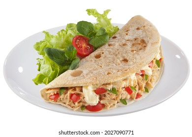 Wrap Naan Bread Sandwich With Sauteed Chicken Stuffing, Cherry Tomatoes With Salad Isolated On White Background.