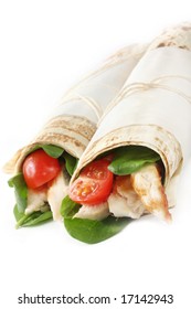 Wrap Sandwiches With Grilled Chicken, Spinach And Cherry Tomatoes.  Flat Bread Tied With Paper And Kitchen String.