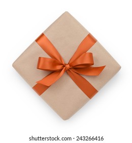 Wrapped Brown Present Box With Orange Ribbon Bow, Isolated On White