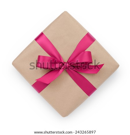 wrapped brown present box with purple ribbon bow, isolated on white
