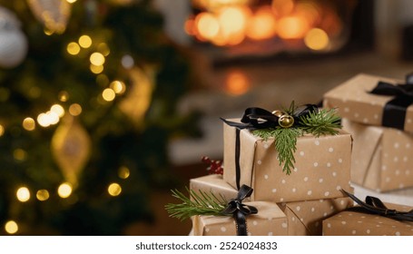 Wrapped Christmas gifts with black ribbon bows against burning fireplace and christmas tree decorated with lights. Warm winter family atmosphere, Magical Holiday time
 - Powered by Shutterstock