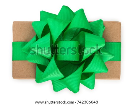 Wrapped kraft paper brown gift box with green ribbon bow, isolated on white, top view