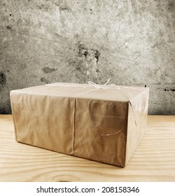 Wrapped package on table top