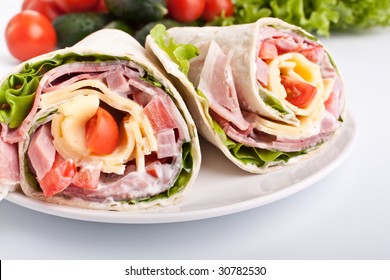 Wrapped Tortilla Sandwich Rolls Cut In Half