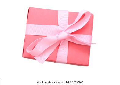 A Wrapping Red Gift Box With Pink Ribbon Isolated White, Top Down