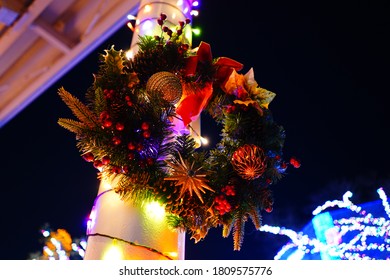 

Wreath Decorated For Christmas At A Theme Park. Japan