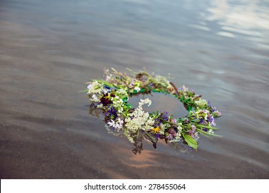 Wreath Floating On Water, Tradition Kupala Night Pagan Rituals