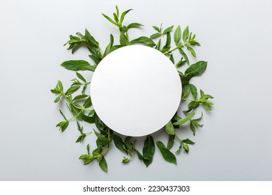 Wreath frame made of empty paper blank with space for text and mint leaves on colored background. . Mint Pattern. Flat lay. Top view. - Powered by Shutterstock