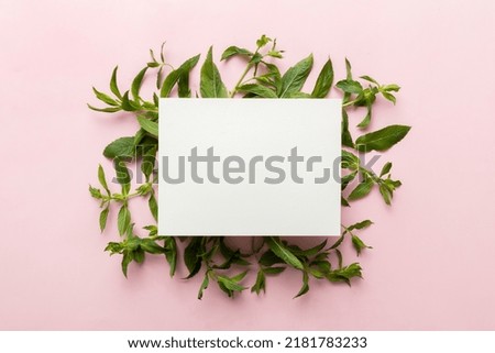 Wreath frame made of empty paper blank with space for text and mint leaves on colored background. . Mint Pattern. Flat lay. Top view.