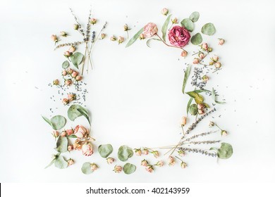 Wreath Frame With Roses, Lavender, Branches, Leaves And Petals Isolated On White Background. Flat Lay, Overhead View