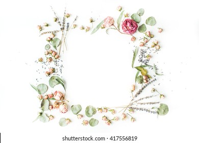 Wreath Frame With Roses, Lavender, Branches, Leaves And Petals Isolated On White Background. Flat Lay, Overhead View