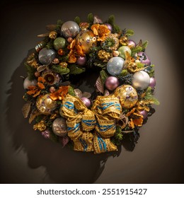 Wreath made of green and blue vintage glass Christmas ornaments, pink roses, dried grasses, and gold-painted leaves, pine cones, and ribbons decorates the wall in a flower shop. - Powered by Shutterstock