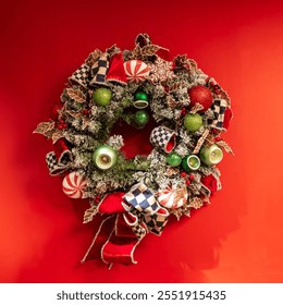 A wreath made of green vintage glass Christmas ornaments, pink roses, dried grasses, and gold-painted leaves, pine cones, and ribbons decorates the wall in a flower shop. - Powered by Shutterstock