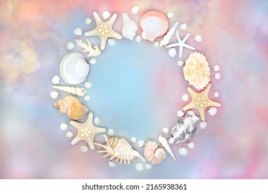 Wreath of sea shells on rainbow cloud sky background. Abstract heavenly beautiful summer shell pastel nature composition. Flat lay, top view, copy space.
				