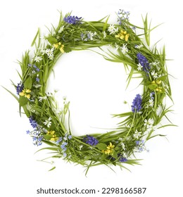Wreath of spring flowers Greater stitchwort, Grape hyacinth, Yellow archangel isolated on white background. Flowers Rabelera holostea, Muscari botryoides, Lamium galeobdolon. - Powered by Shutterstock