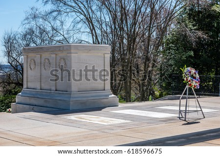 A wreath stands in front of the Tomb of the Unknown Soldier in Washington DC's Arlington National Cemetery.