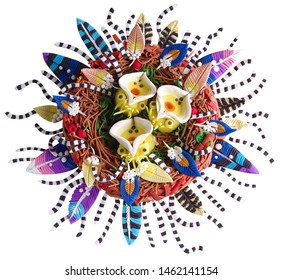 Wreath under the text or for a poster, made of plasticine, birds singing, chicks, hungry, cathartic, give energy, Ecology, hunger. where is mom, big mouth, waiting for strength - Shutterstock ID 1462141154