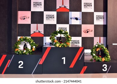 Wreaths And Champagne Are Placed On The Podium For Car Race Winners. Filmed At DDP At Euljiro 7-ga, Dongdaemun, Seoul On April 19, 2022.