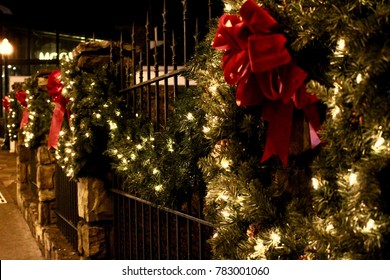 Wreaths Well Hung On A Walkway In Gatlinburg, TN. First Signs Of The Christmas Season.