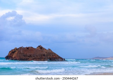 Wreck Boat On The Coast Of Boa Vista In Cape Verde, Cabo Verde