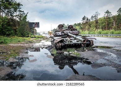 Wreck of burned russian tank in Ukraine. Russian aggression in Ukraine 2022