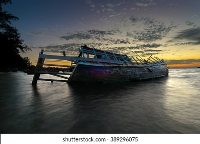 Wreck ship on the beach in sunrise, Phuket