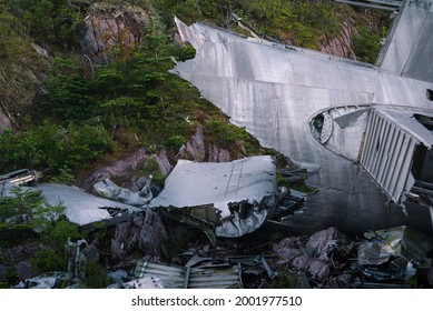 Wreckage of a B36 Bomber from world war 2, crashed atop a mountain in Burgoynes Cove, Trinty Bay, Newfoundland. The metal remains of the hull and wings of the ship can be seen, like a carcass.