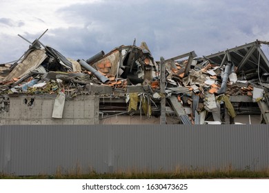 wreckage and ruins of destroyed building in city center