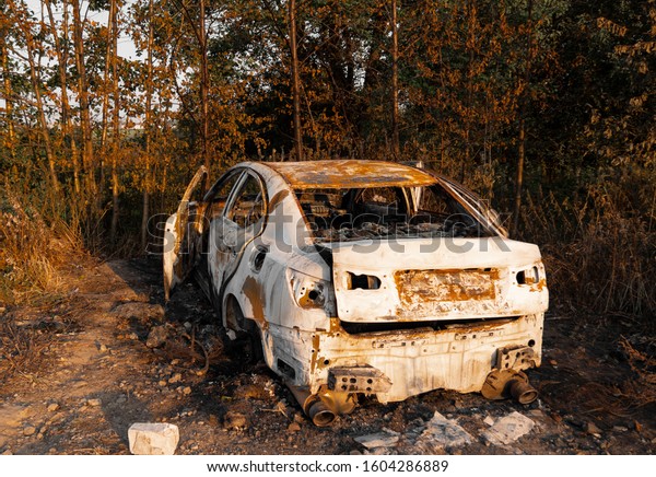 Wrecked car after an explosion or severe fire.\
Melted glass and ash in a burned-out car interior. Abandoned car in\
the forest near the city. The concept of a traffic accident and\
vandalism. Closeup.
