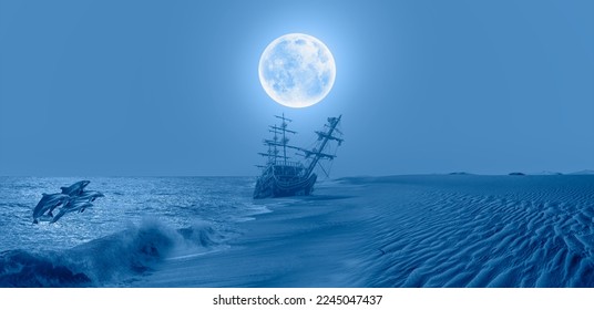 The wrecked old ship has sat down on a coast - Namib desert with Atlantic ocean meets near Skeleton coast with full moon at night - Namibia, South Africa "Elements of this image furnished by NASA" - Powered by Shutterstock