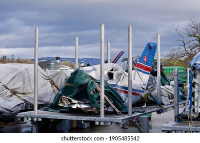 Wrecked parts of airplanes at military airport of Payerne. Photo taken January 29th, 2021, Payerne, Switzerland.