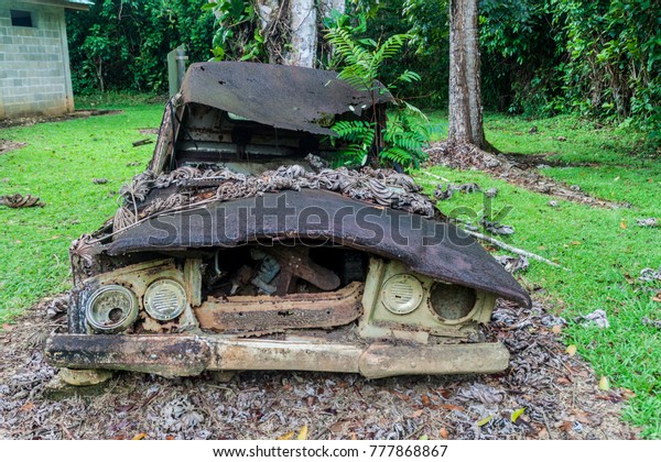 Wrecked truck at the ranger station of Cockscomb\
Basin Wildlife Sanctuary,\
Belize.