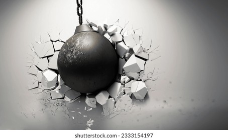 Wrecking ball shattering the white wall - Shutterstock ID 2333154197