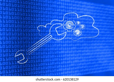 wrench fixing cloud computing settings (gearwheels) on binary bokeh background