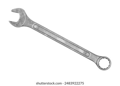 Wrench isolated on white background. Top view of wrench isolated over white. Close up silver metal wrench isolated.